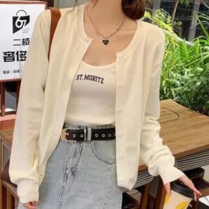 Round Neck Plain Button Up Cardigan White 281957297