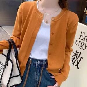 Round Neck Plain Button Up Cardigan Orange 281957298