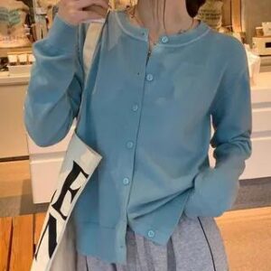 Round Neck Plain Button Up Cardigan Blue 281957299