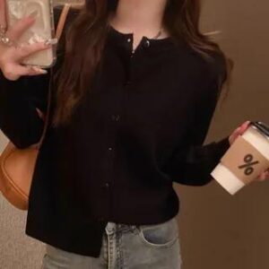 Round Neck Plain Button Up Cardigan Black 281957301