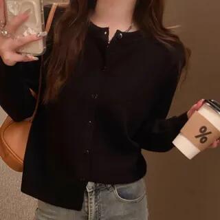 Round Neck Plain Button Up Cardigan Black by Supernova