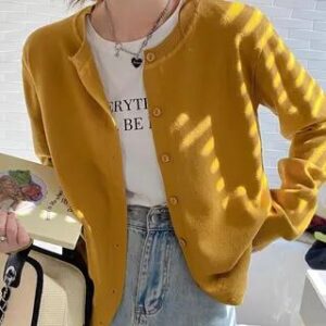 Round Neck Plain Button Up Cardigan Yellow 281957302