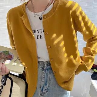 Round Neck Plain Button Up Cardigan Yellow by Supernova