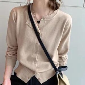 Round Neck Plain Button Up Cardigan Milk Brown 281957303
