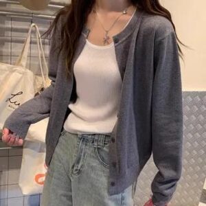 Round Neck Plain Button Up Cardigan Gray 281957306