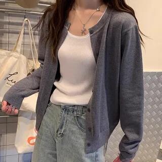 Round Neck Plain Button Up Cardigan Gray by Supernova