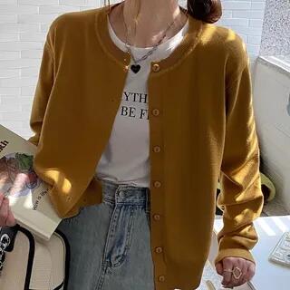 Round Neck Plain Button Up Cardigan Mustard Green by Supernova