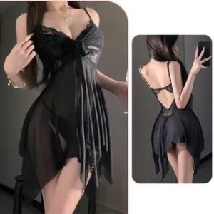 Set: Plain Asymmetrical Lace Panel Slip Dress + G-String Set of 2 - Black 281961517