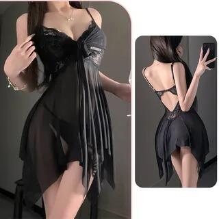Set: Plain Asymmetrical Lace Panel Slip Dress + G-String Set of 2 - Black by Candyiry