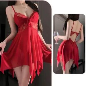 Set: Plain Asymmetrical Lace Panel Slip Dress + G-String Set of 2 - Wine Red 281961518