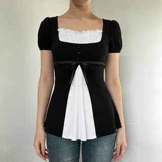 Short Sleeve Square-Neck Color-Block Ruffled-Trim A-Line Top Black & White by Sosana