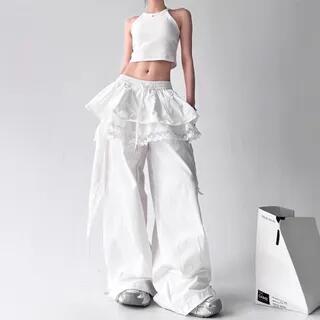 Drawstring Waist Lace Panel Layered Skirt Overlay Baggy Cargo Pants YPY-FY-92 - White by PERKARP