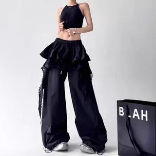 Drawstring Waist Lace Panel Layered Skirt Overlay Baggy Cargo Pants YPY-FY-92 - Black by PERKARP