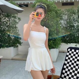 Spaghetti Strap Plain Mini A-Line Swim Dress White by Komorkowe