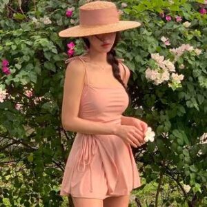 Spaghetti Strap Plain Mini A-Line Swim Dress Pink 282015957