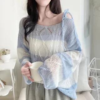 Off-Shoulder Cutout Striped Tie-Strap Knit Top Mint by SeoulPop
