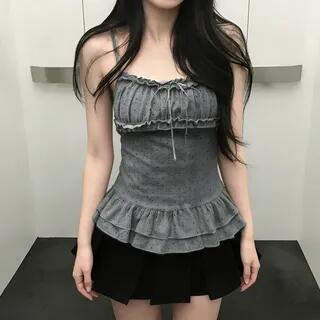 Scoop Neck Ruffle-Trim Dotted Layered Camisole Top Gray by Sosana