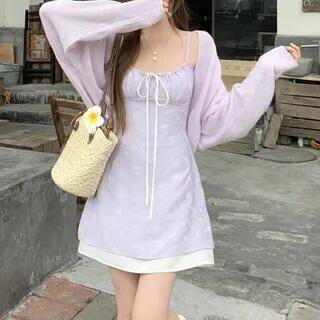 Spaghetti Strap Mini A-Line Dress / Plain Cardigan Dress - 5933 - Purple by Closette