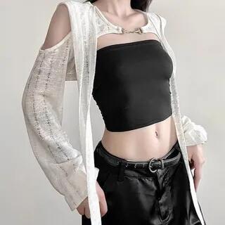 Long-Sleeve Cold-Shoulder Plain Asymmetrical Distressed Crop Top Off-White by Maisee