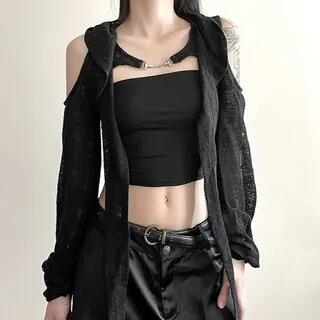Long-Sleeve Cold-Shoulder Plain Asymmetrical Distressed Crop Top Black by Maisee