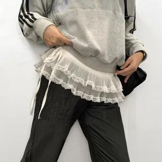 Plain Ruffle Lace Trim Mesh Overlay Skirt White by Kenning