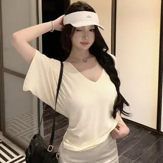 Batwing-Sleeve V-Neck Plain Slim Fit T-Shirt White by GOUB