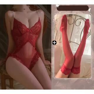 Spaghetti Strap Lace Teddy / Stockings / Set Set Of 2 - Teddy & 7004 Stockings - Red by Hotty