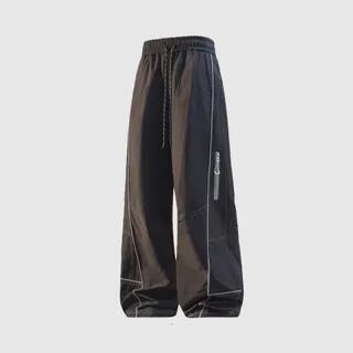 Drawstring Waist Contrast Trim Wide Leg Pants Black by Savenne