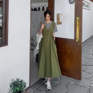 Sleeveless V-Neck Plain Drawstring Waist Midi A-Line Overall Dress Army Green by Tulstrix