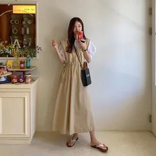 Sleeveless V-Neck Plain Drawstring Waist Midi A-Line Overall Dress Khaki by Tulstrix