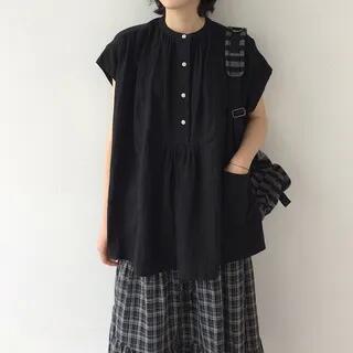 Cap-Sleeve Band Collar Plain Blouse Black by Moon City