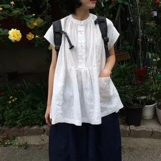 Cap-Sleeve Band Collar Plain Blouse White by Moon City