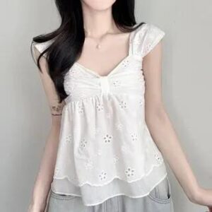 Cap-Sleeve V-Neck Perforated Flowy Crop Top White 282114407
