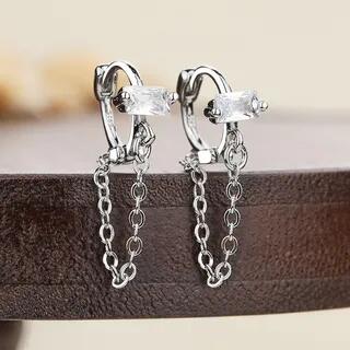 Rhinestone Chained Hoop Earring 1 Pair - Silver | Chimerro by Chimerro