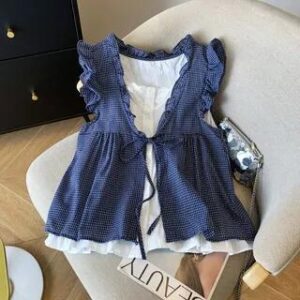 Sleeveless Ruffle Mock Two-Piece Blouse Plaid - Blue 282129911