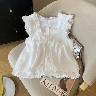 Sleeveless Ruffle Mock Two-Piece Blouse Plain - White by ANORA
