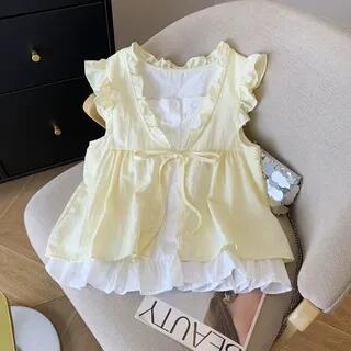 Sleeveless Ruffle Mock Two-Piece Blouse Plain - Light Yellow by ANORA