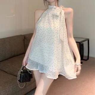 Sleeveless Polka Dot Chiffon Top Dotted - White by Moon City