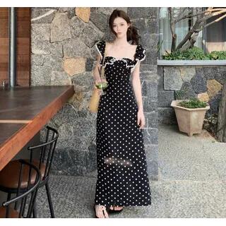 Sleeveless Square Neck Dotted Lace Trim Maxi A-Line Dress White Dot - Black by Beem