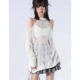 Long-Sleeve Cold Shoulder Plain Distressed Sweater White by Miu B