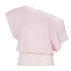 Short Sleeve Cold Shoulder Lace-Trim Plain Slim-Fit Crop Top Pink 282171354