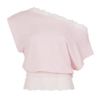 Short Sleeve Cold Shoulder Lace-Trim Plain Slim-Fit Crop Top Pink by Sosana