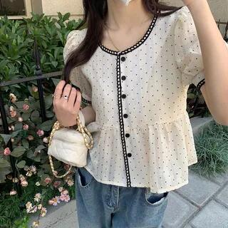 Short Sleeve Crew Neck Dotted Peplum Blouse Almond by HYAKU