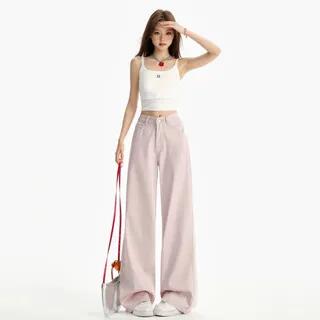 Mid Waist Washed Baggy Jeans Normal Edition - Pink by Denimot
