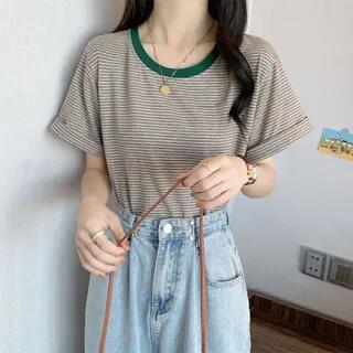 Short-Sleeve Round Neck Striped Tee Green by Sisyphi