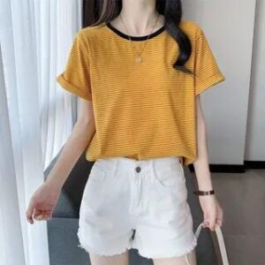 Short-Sleeve Round Neck Striped Tee Yellow 282181173