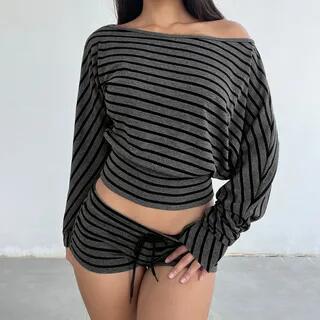 Long Sleeve Off Shoulder Striped Slim-Fit Crop Top / Low Waist Hot Pants Top by Honet