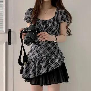 Short-Sleeve Square Neck Plaid Ruffle Trim Asymmetrical Top Black by MIKIGA