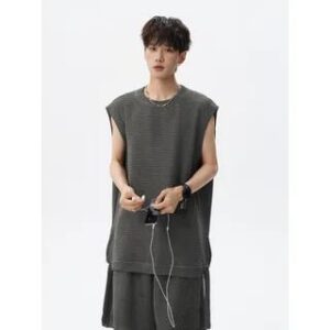 Set: Crew Neck Plain Textured Tank Top + Mid Rise Shorts Gray 282186105