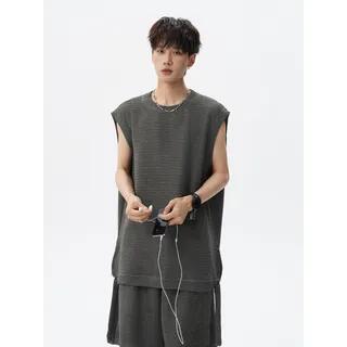 Set: Crew Neck Plain Textured Tank Top + Mid Rise Shorts Gray by Freehop